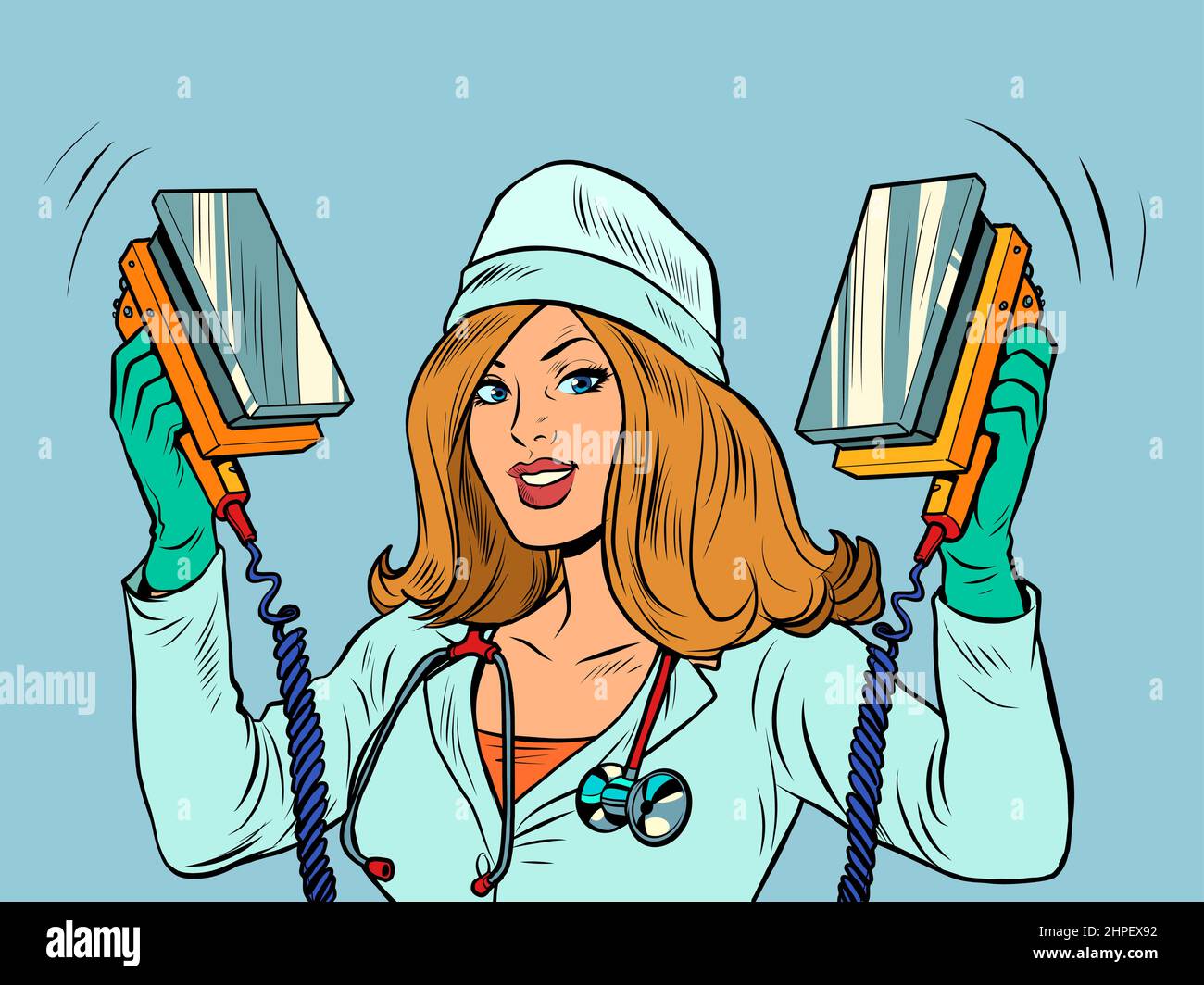 Defibrillatore. L'infermiere risospora utilizzando uno smartphone. Tecnologie moderne, tema Internet online Illustrazione Vettoriale