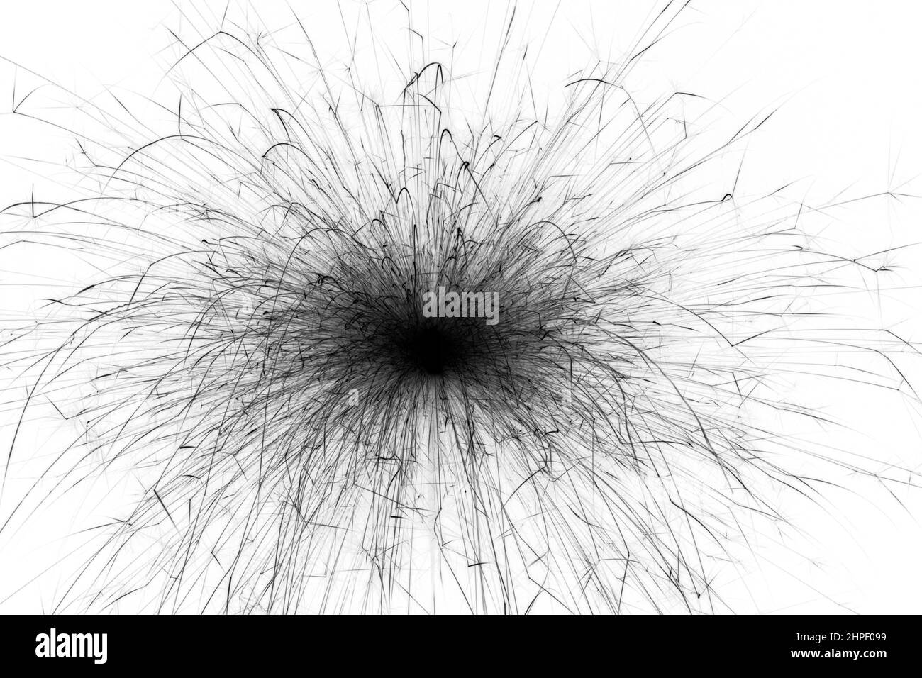 Strato di esplosione monocromatico, nero su scintille bianche. L'astrazione dei fuochi d'artificio isolato su bianco Foto Stock