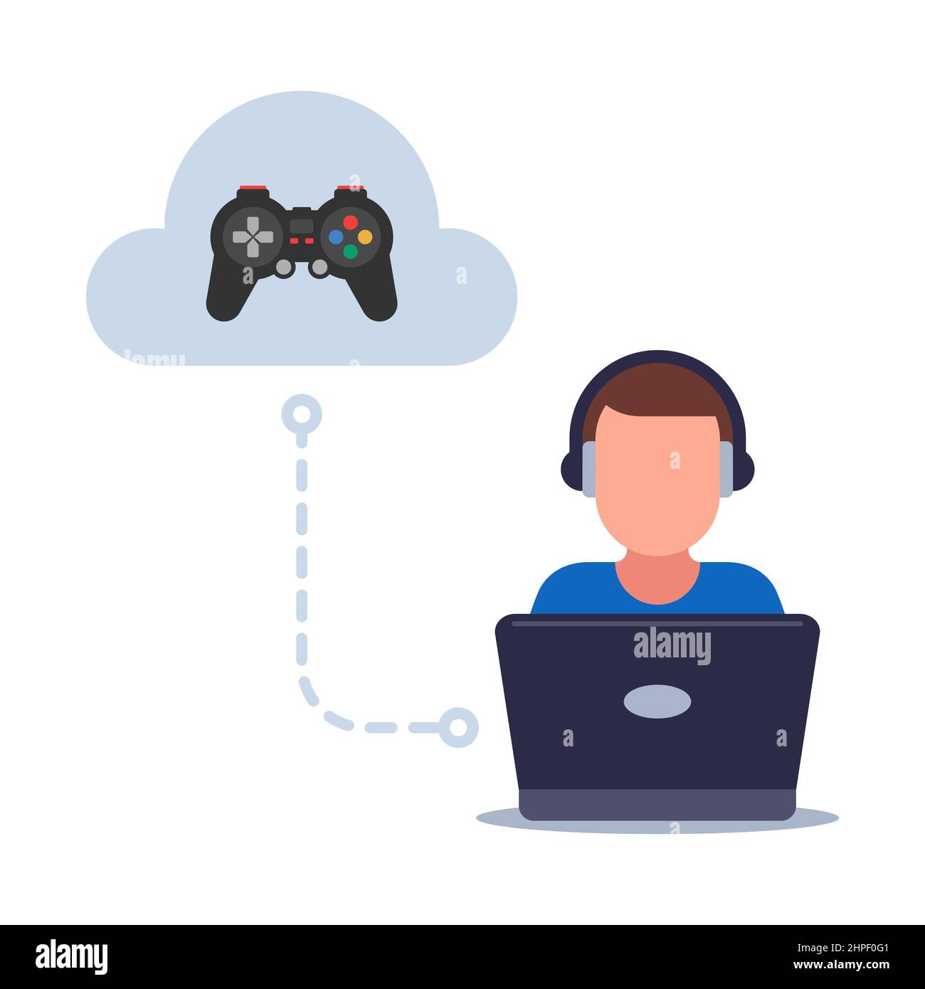 gioco sul cloud su un computer debole. salvataggio dei giochi nel cloud. illustrazione vettoriale piatta. Illustrazione Vettoriale