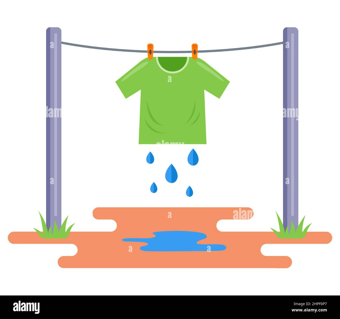La T-shirt lavata è asciugata all'aria aperta. Appendere i vestiti bagnati su una corda. illustrazione vettoriale piatta isolata su sfondo bianco. Illustrazione Vettoriale