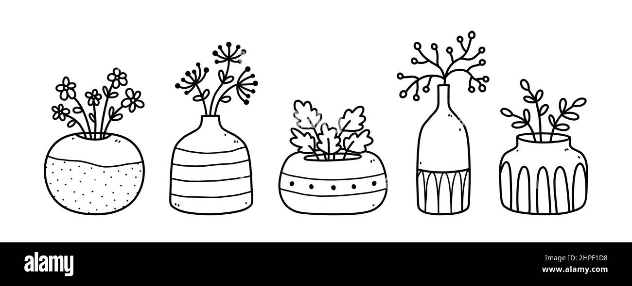 Set di fiori e ramoscelli carini in vasi e pentole in ceramica isolati su sfondo bianco. Illustrazione vettoriale disegnata a mano in stile doodle. Illustrazione Vettoriale