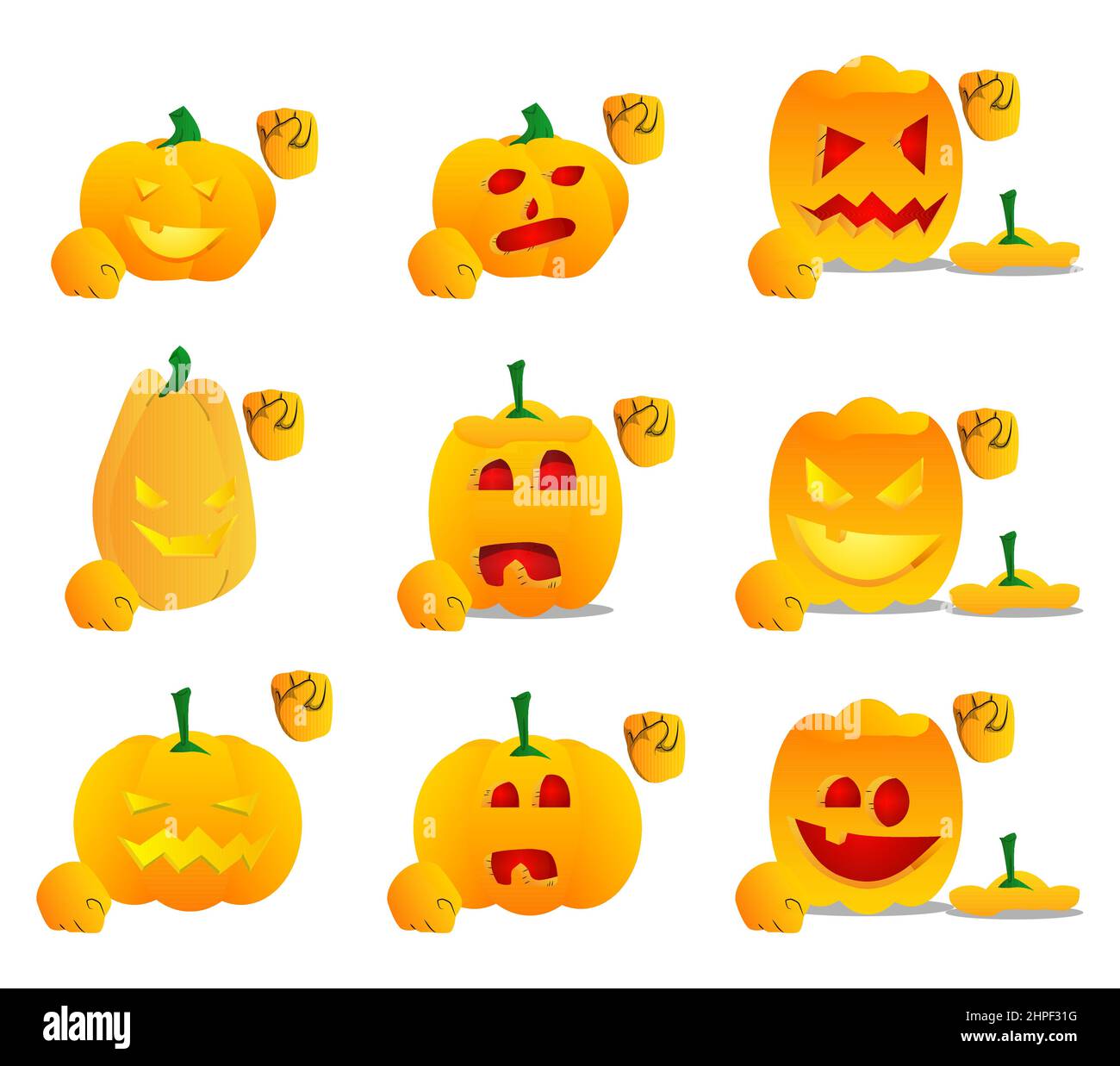Zucca decorativa per Halloween che fa il potere al movimento pugno del popolo come un personaggio cartone animato con il volto. Illustrazione vettoriale. Illustrazione Vettoriale