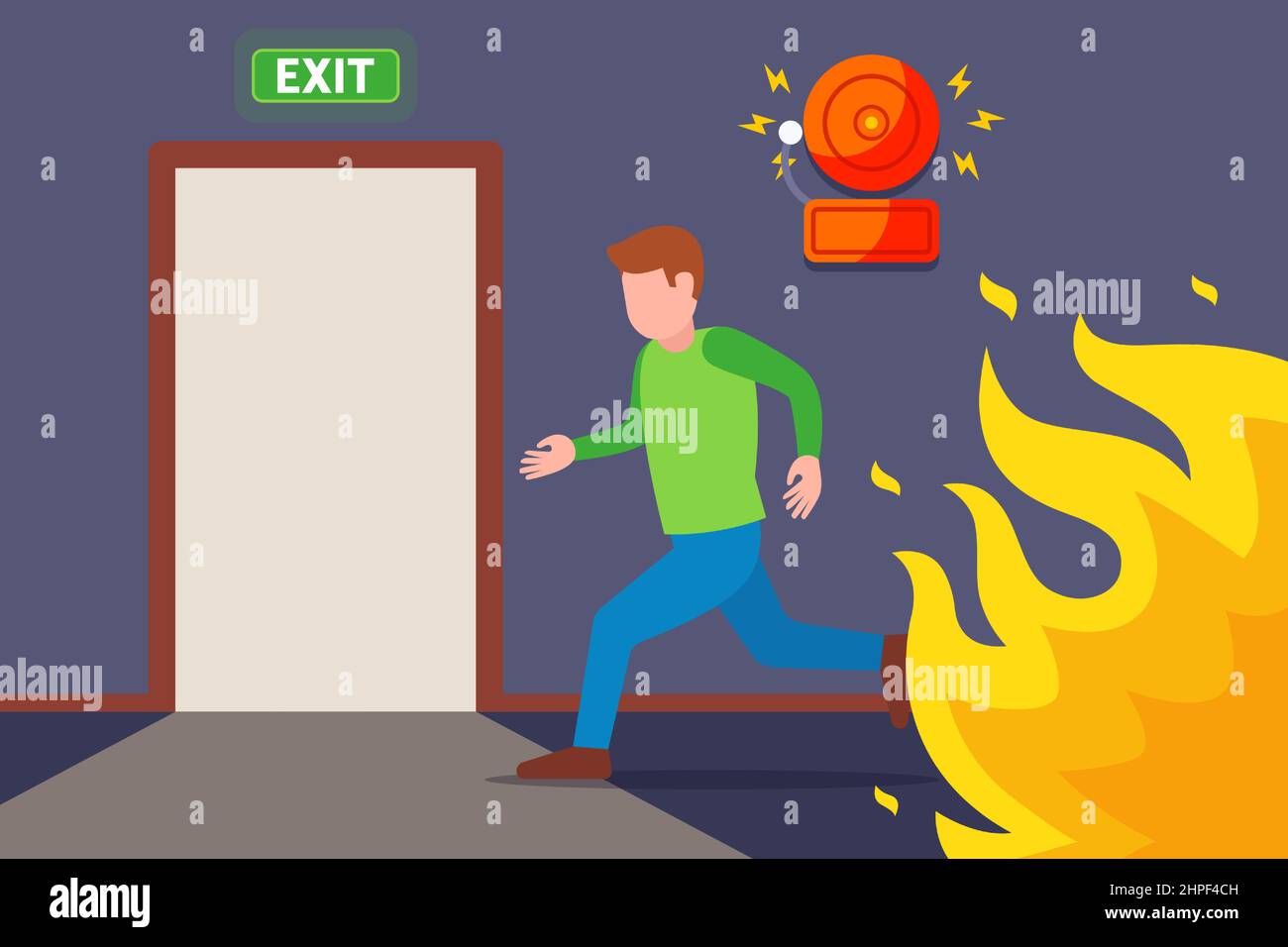 un uomo corre dal fuoco alla porta di evacuazione. sfugge al fuoco. illustrazione vettoriale piatta. Illustrazione Vettoriale