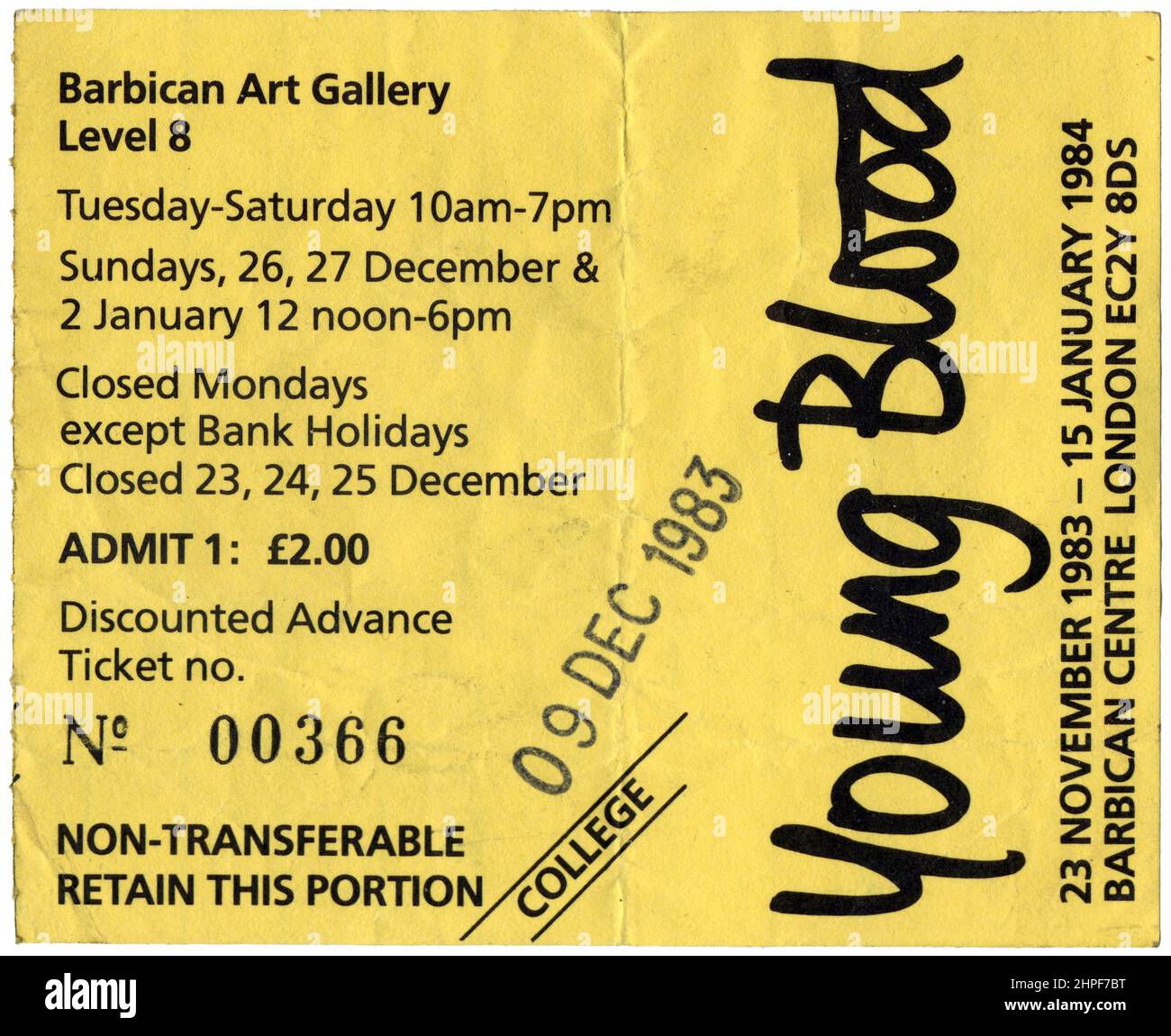 Biglietto per la mostra Young Blood / Design into Industry, Barbican Center, Londra, Regno Unito, 24 novembre 1983–15 gennaio 1984 Foto Stock