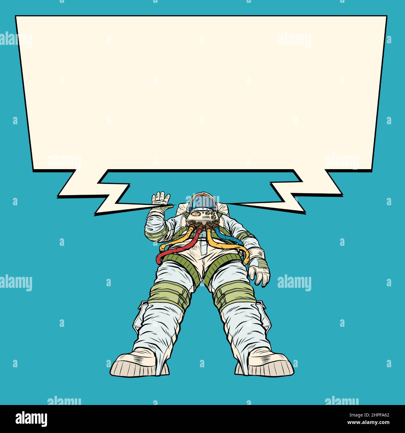 Un astronauta gigante in una posa maestosa. Esplorazione spaziale, eroe dell'universo Illustrazione Vettoriale