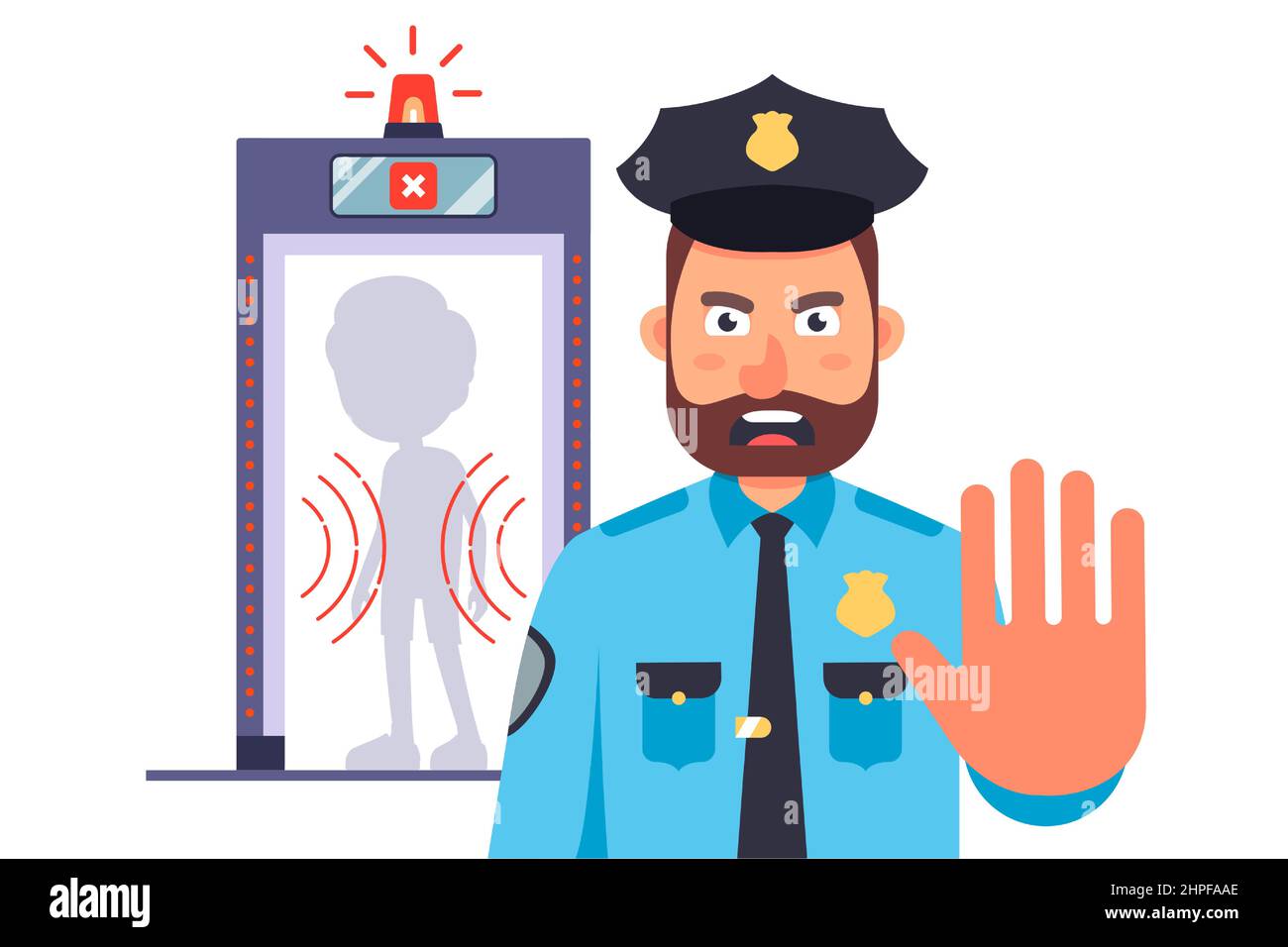 poliziotto all'ingresso dell'aeroporto, divieto di attraversare la frontiera, illustrazione vettoriale piatta. Illustrazione Vettoriale