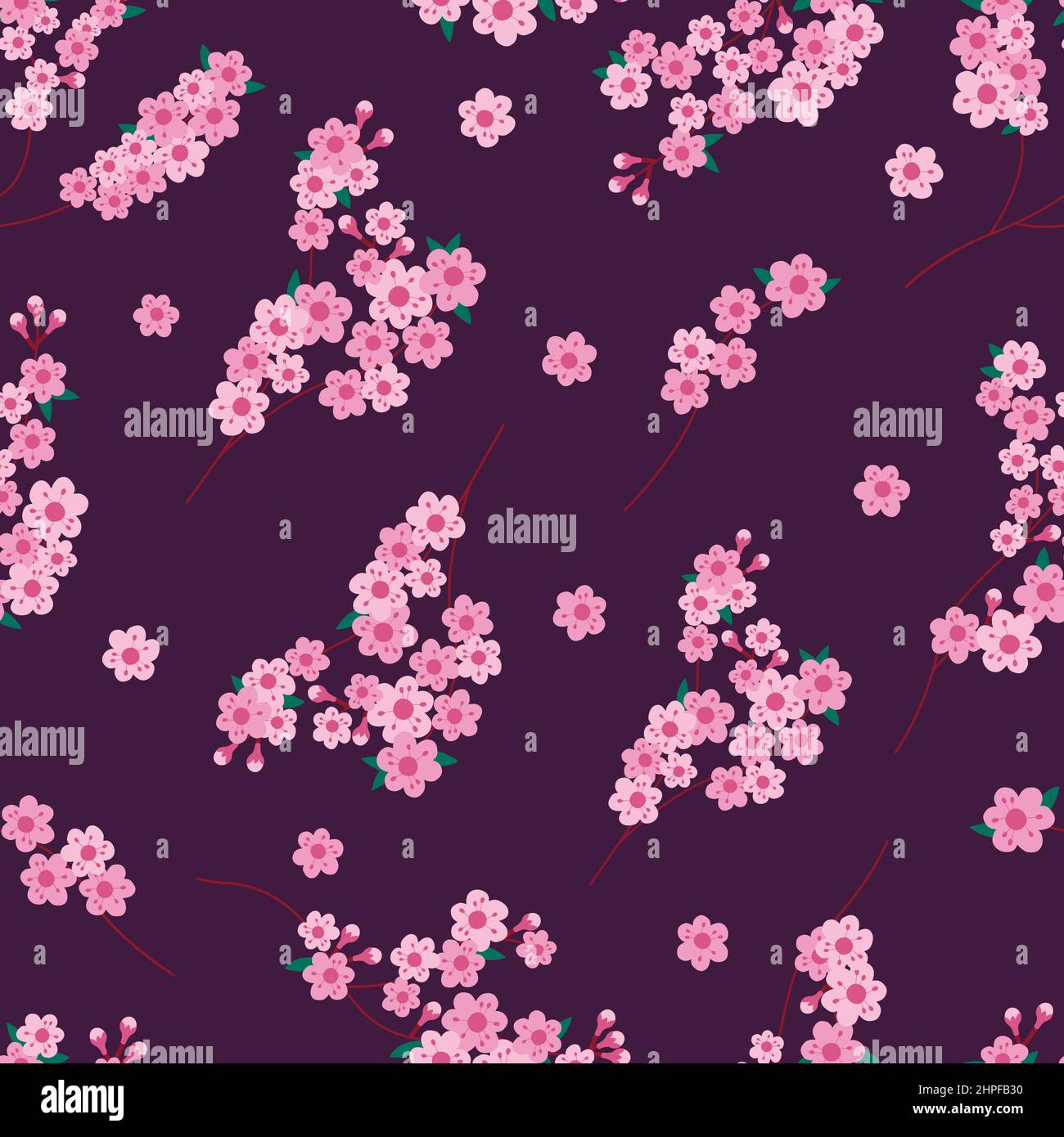 Motivo floreale senza cuciture a molla. Sakura fiori. Vettore infinito sfondo scuro con fiore. Design primaverile con elementi floreali. Illustrazione Vettoriale