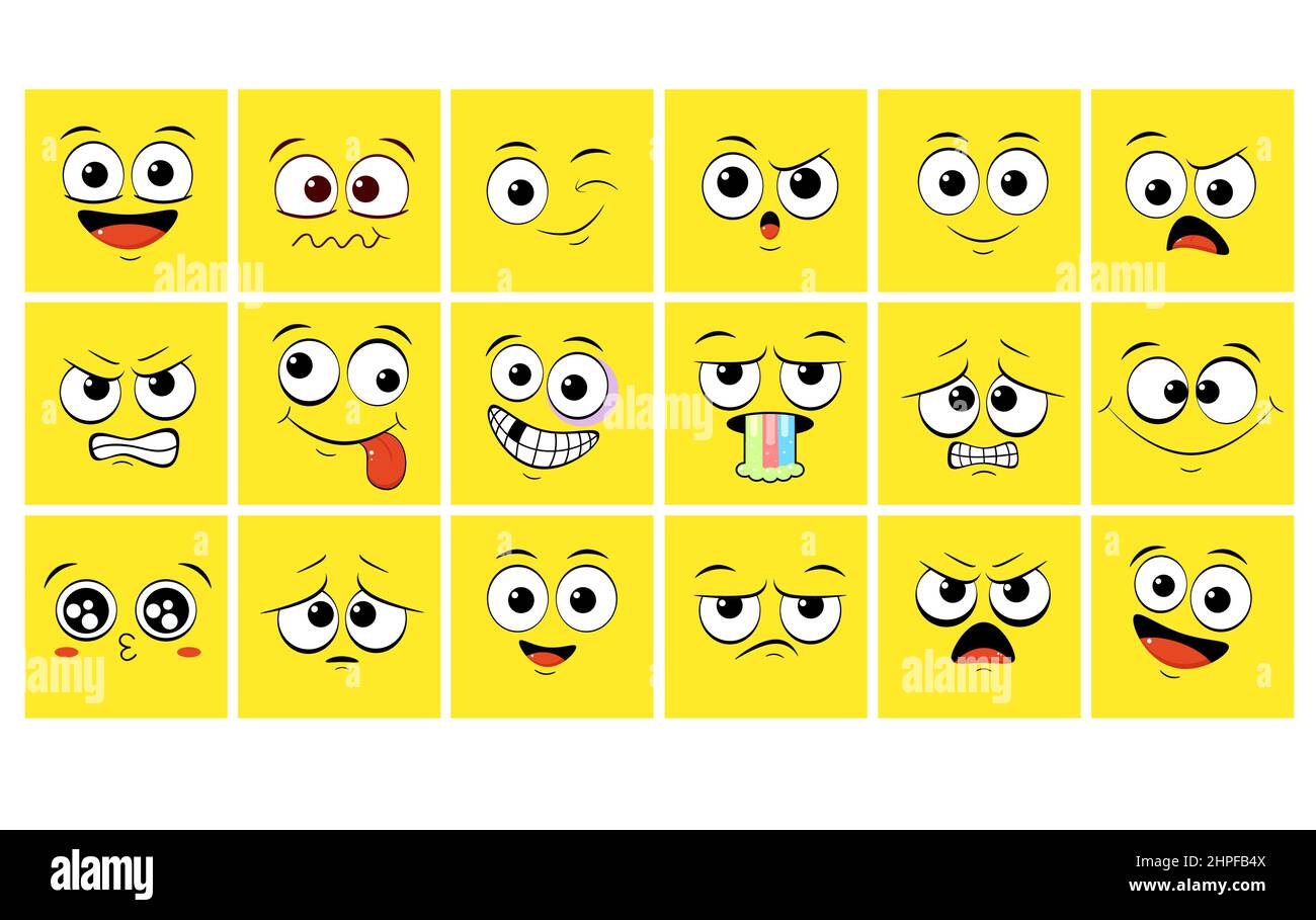 Sfondo orizzontale di colore giallo con emoticon di diverso umore. Fumetto emoji faccia felice, triste, paura, pazzo, sorpreso. Illustrazione vettoriale e Illustrazione Vettoriale