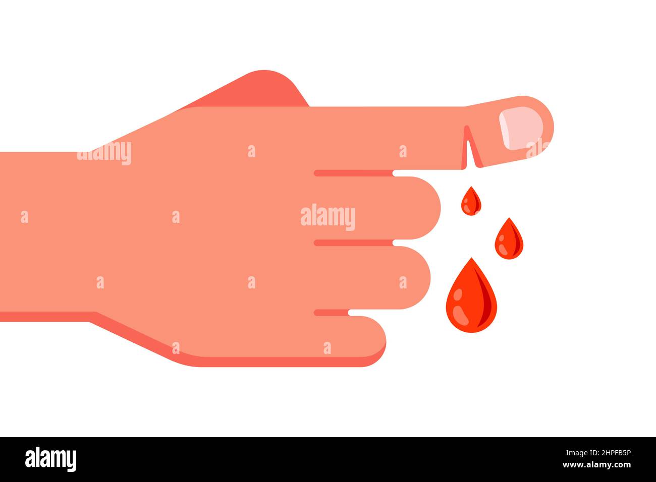 il sangue rosso scorre dal dito indice di taglio. illustrazione vettoriale piatta. Illustrazione Vettoriale