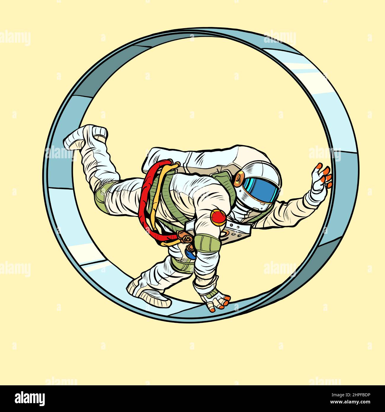 Un astronauta in una ruota di scoiattolo. Lavoro monotono di routine. Un uomo in cattività dei suoi affari Illustrazione Vettoriale