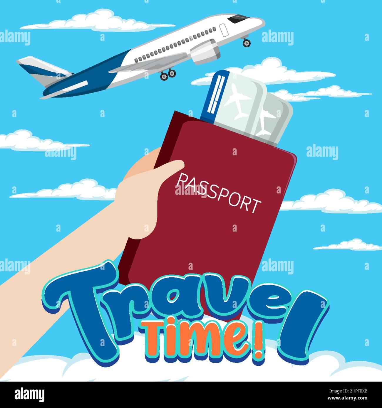 Banner con logo del tempo di viaggio con passaporto e illustrazione dell'aereo Illustrazione Vettoriale