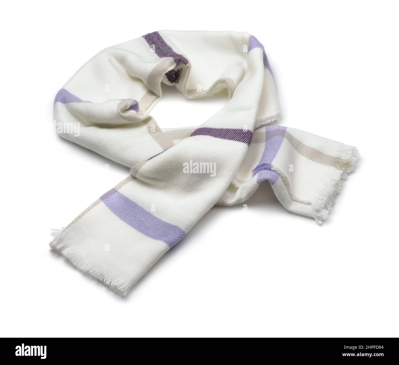 Sciarpa di lana morbida bianca in plaid isolata su bianco Foto Stock