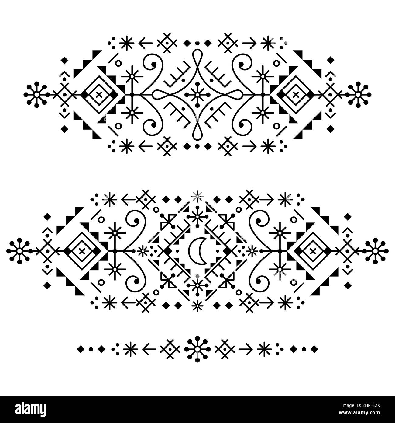 Icelandic rune folk art style geometrico vettoriale design, tribal line art long pattern collection with lune, triangoli e forme astratte Illustrazione Vettoriale