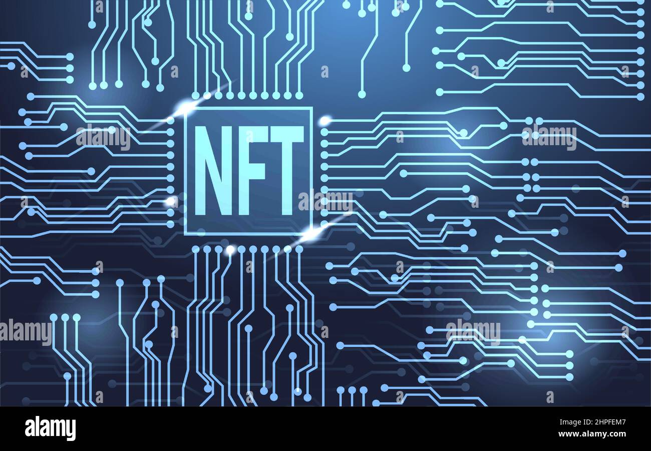Testo token NFT su chip CPU con sfondo scheda a circuito digitale. Illustrazione Vettoriale