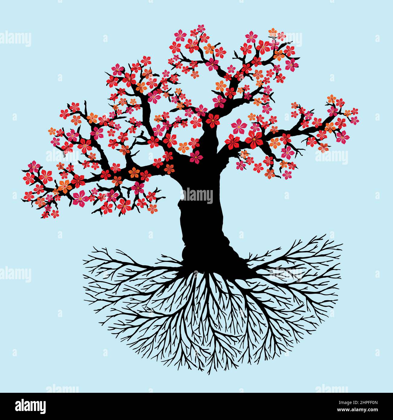 Vecchio albero di fiori di vita o yggdrasil con fiori rossi. Il tronco, i rami e le radici sono neri. Sfondo blu chiaro. Illustrazione Vettoriale
