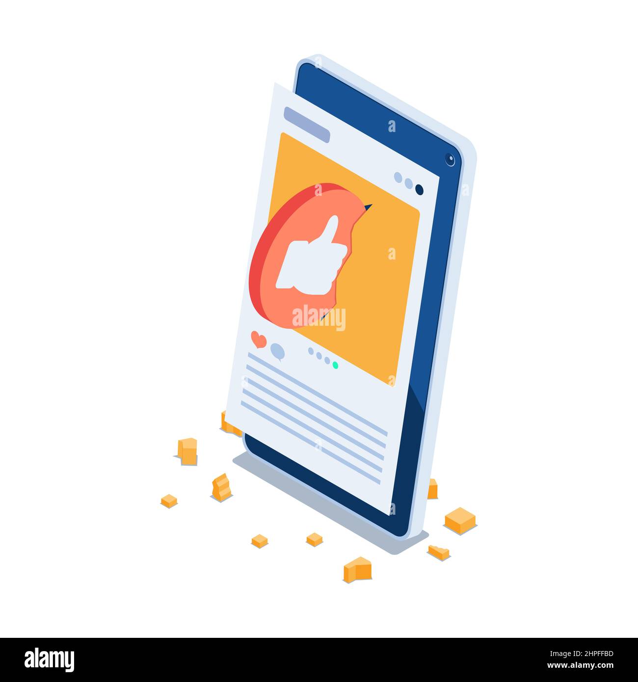 Flat 3D Isometric come pulsante premere Social Media sullo schermo dello smartphone. Concetto di social media marketing. Illustrazione Vettoriale