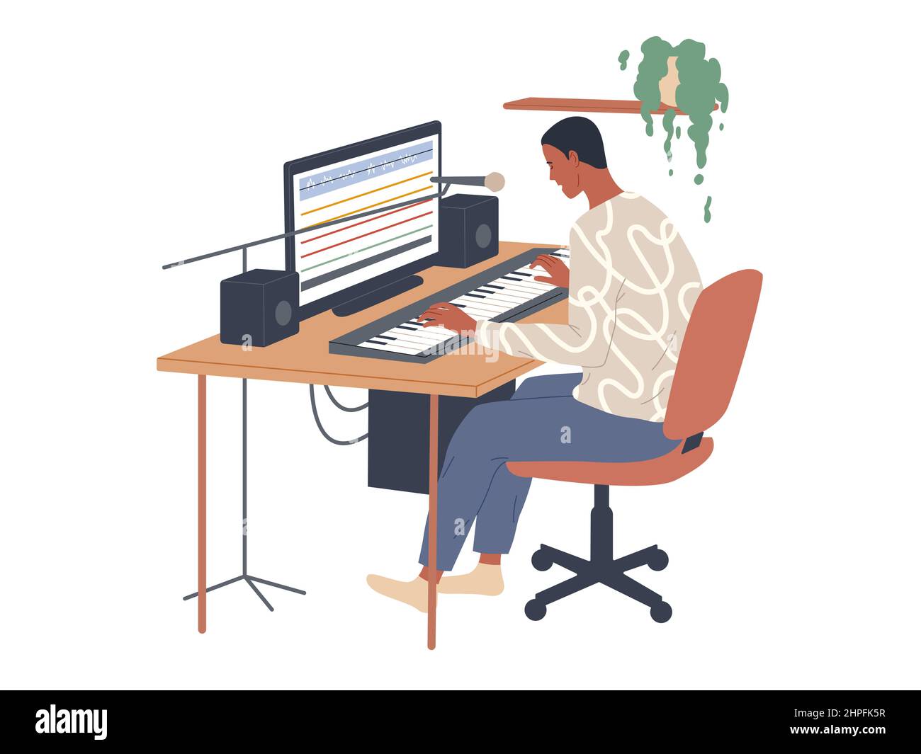 Il musicista suona un pianoforte digitale e utilizza un editor audio per registrare sul suo computer Illustrazione Vettoriale Il musicista suona un pianoforte digitale e utilizza un editor audio per registrare sul suo computer Illustrazione Vettoriale