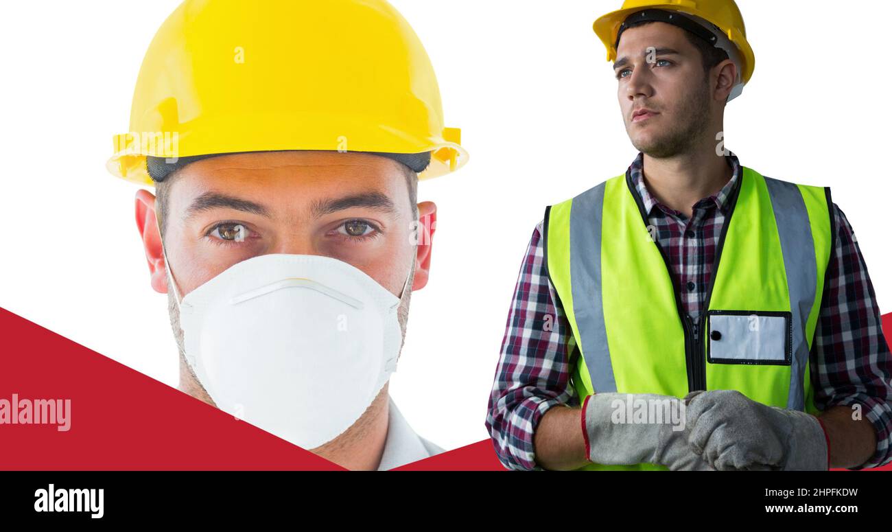 Doppia esposizione di lavoratori caucasici maschi che indossano hardhats e maschera protettiva Foto Stock