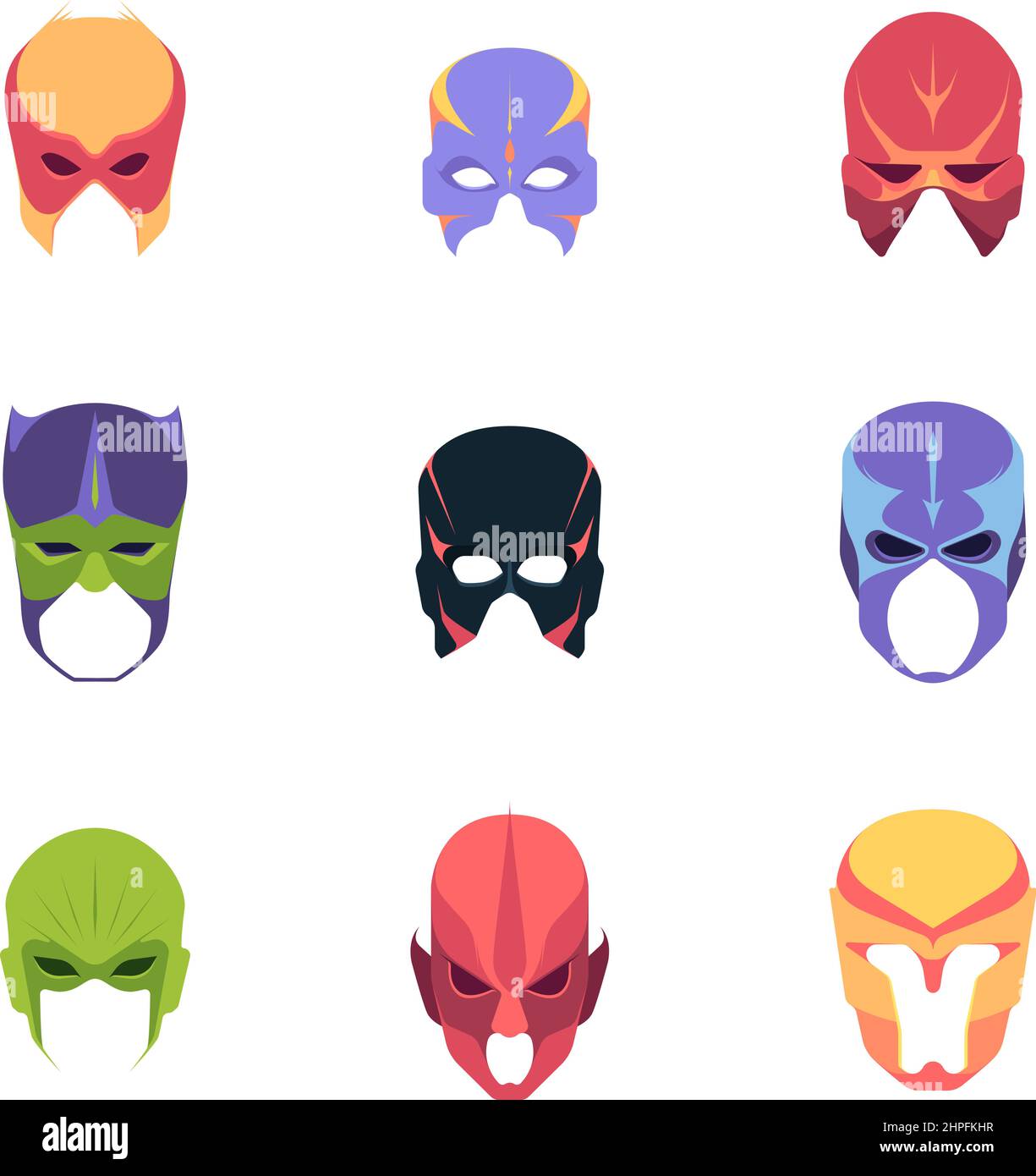 Maschera di eroe. Volti di potenti eroi super costumi testa colorati caschi fumetto avengers garish vettore flat mask Illustrazione Vettoriale