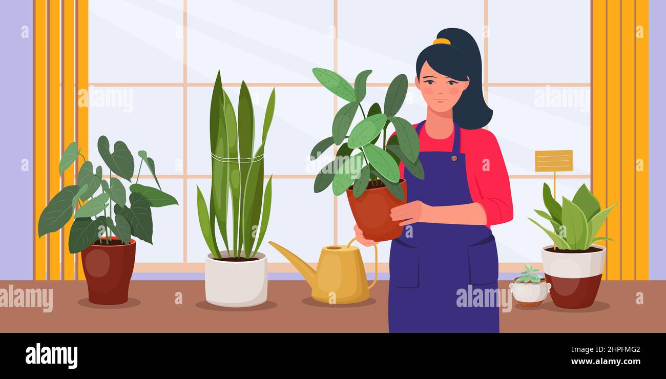 Donna con piante interne all'interno Illustrazione Vettoriale