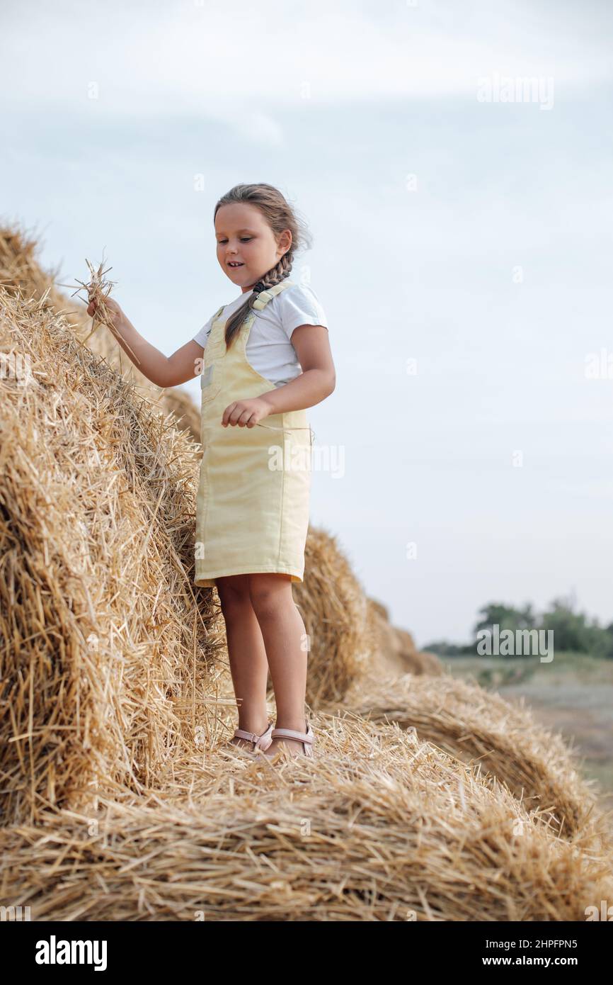 Caucasica giovane femmina bambino con treccia in piedi su fieno alto rotolato circa per gettare via il fieno con gli occhi guardando giù in Sundress. Divertitevi Foto Stock