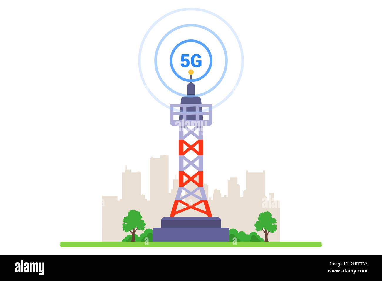Torre 5G su sfondo bianco. Internet ad alta velocità di nuova generazione. Illustrazione vettoriale piatta. Illustrazione Vettoriale