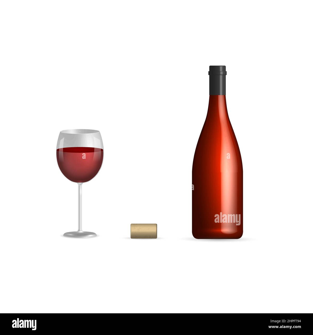 Bottiglia, bicchiere e sughero di vino rosso. Vista frontale, illustrazione vettoriale. Illustrazione Vettoriale