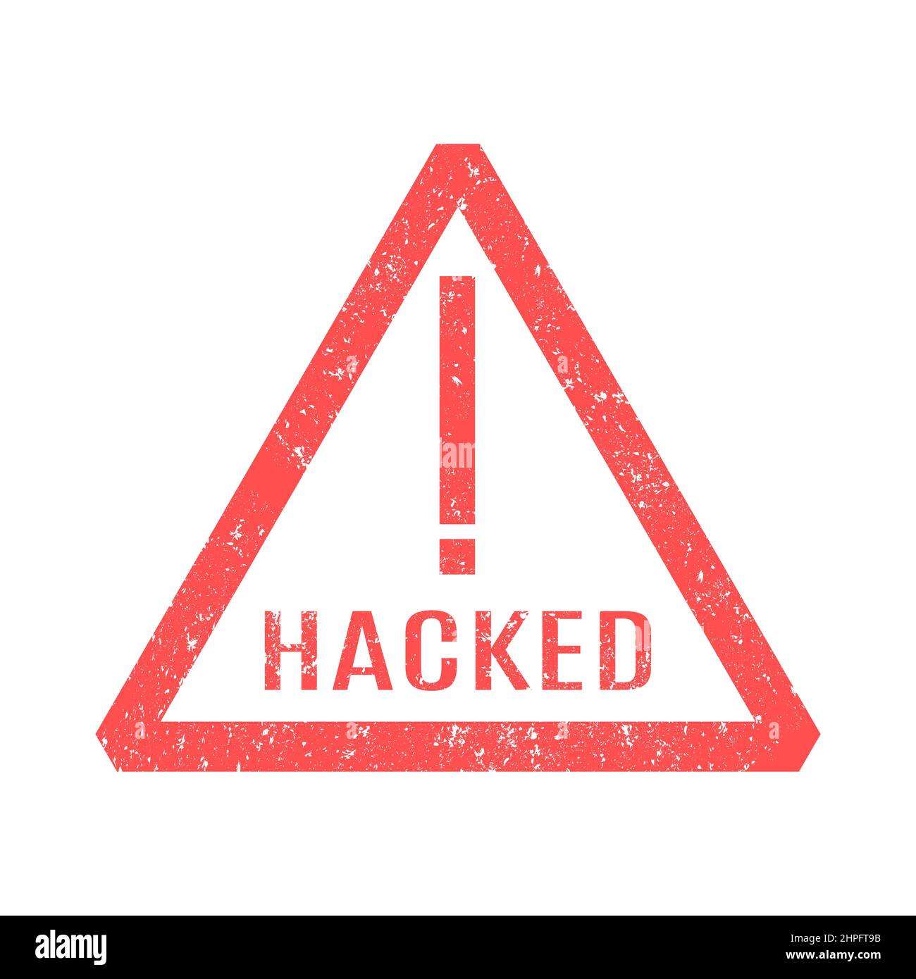 L'icona hacked è un timbro di gomma triangolare isolato su uno sfondo bianco. Stile piatto, illustrazione vettoriale. Illustrazione Vettoriale