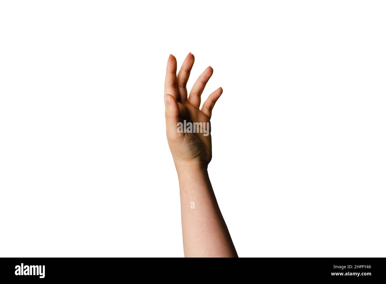 Mano che raggiunge isolato su sfondo bianco per il taglio. Foto Stock