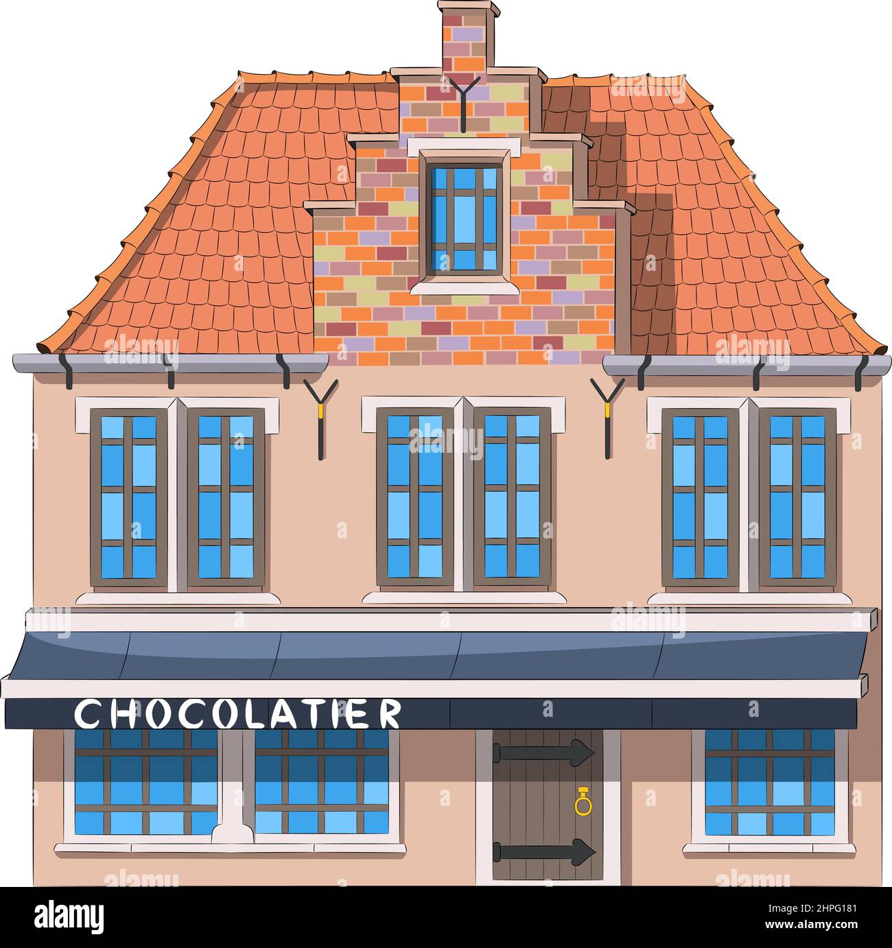 Facciata di un'antica bottega di cioccolato con tetto piastrellato e veranda a Bruges. Illustrazione vettoriale. Illustrazione Vettoriale