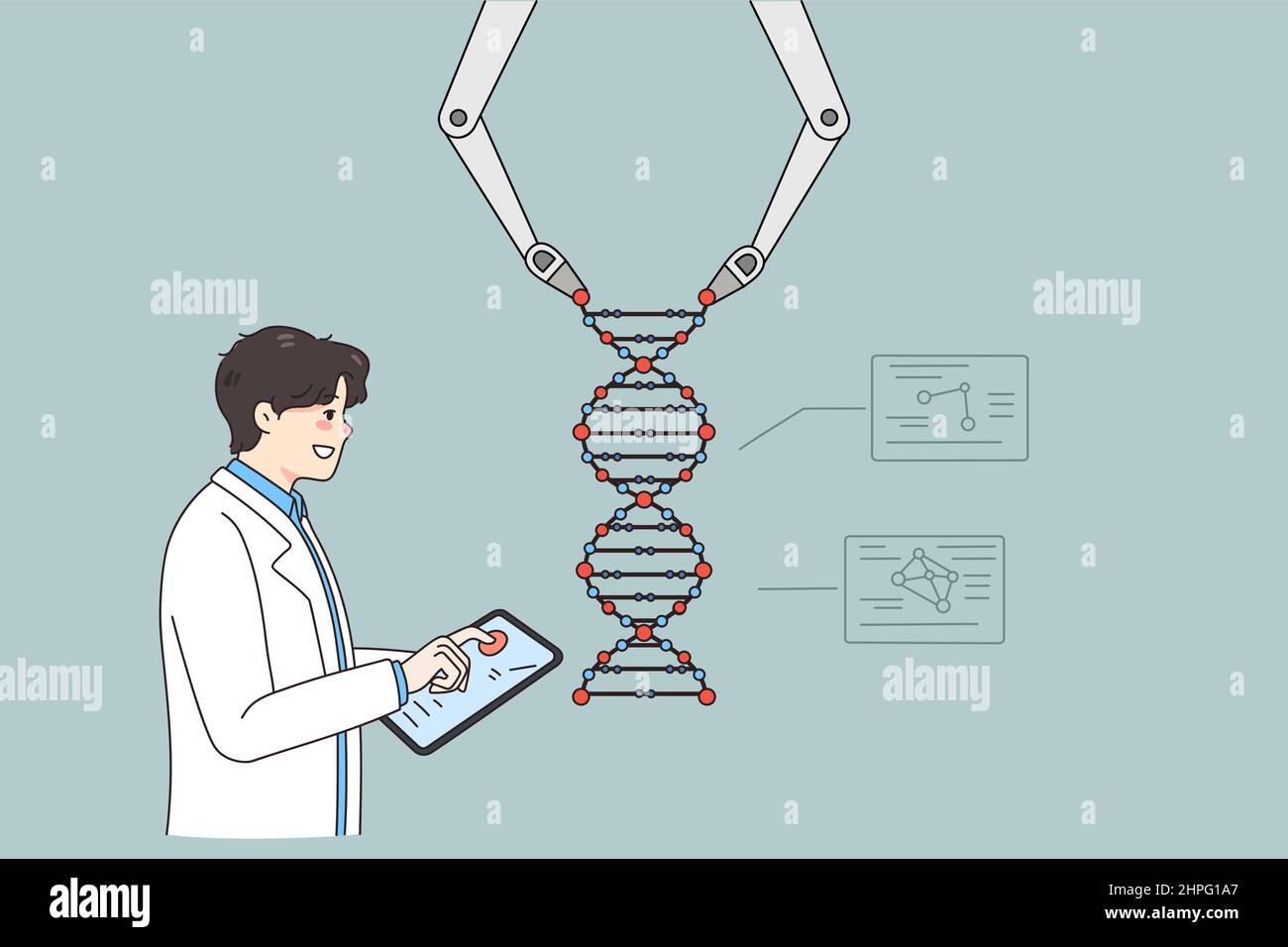 Uomo scienziato utilizzare braccio robotico con struttura di DNA in laboratorio moderno. Il professore o ricercatore maschile opera robot condurre esperimenti in laboratorio. Medicina e tecnologia. Illustrazione vettoriale. Illustrazione Vettoriale