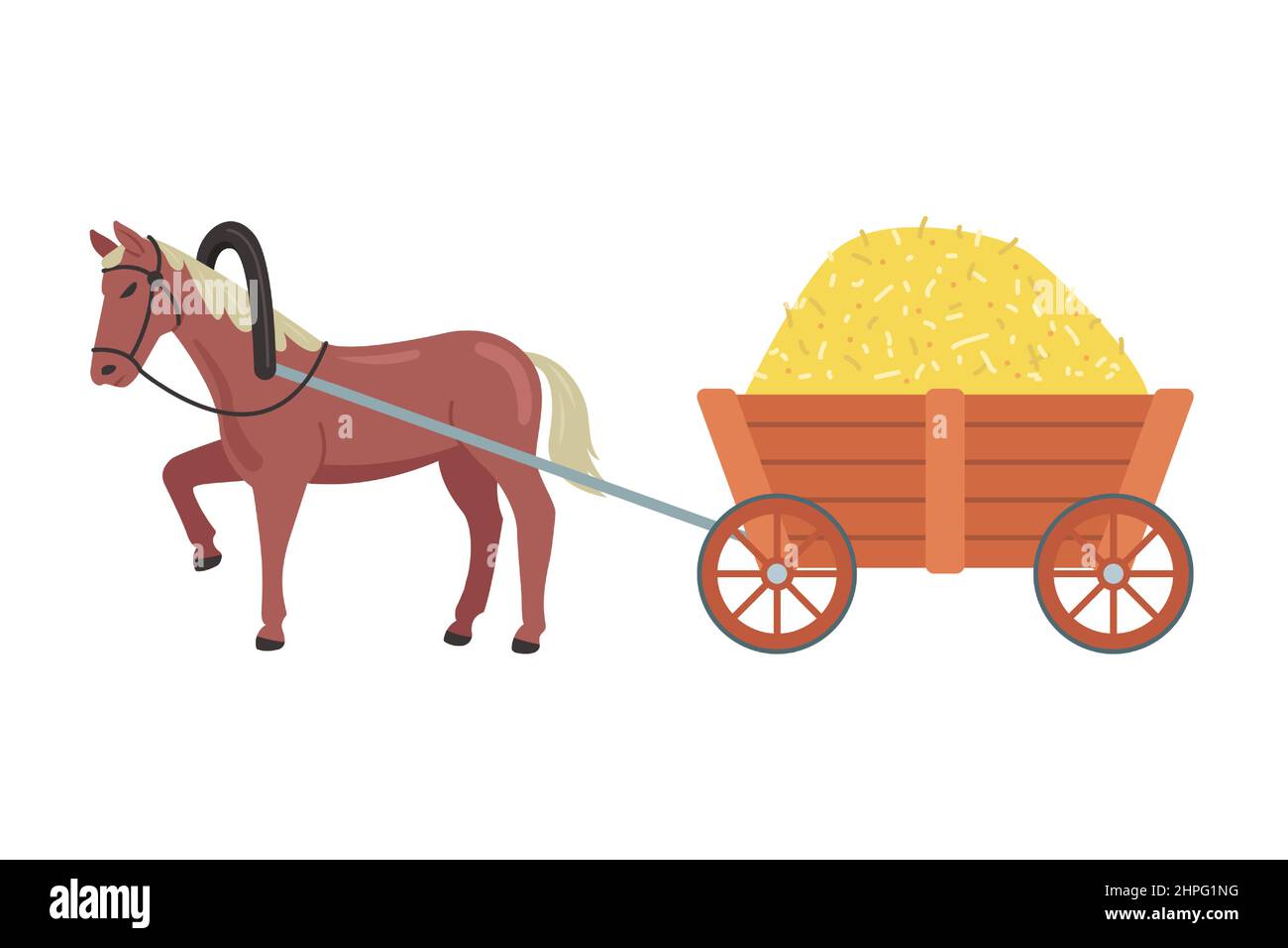 un cavallo trasporta un carro con fieno. trasporto di merci nel villaggio. illustrazione vettoriale piatta. Illustrazione Vettoriale