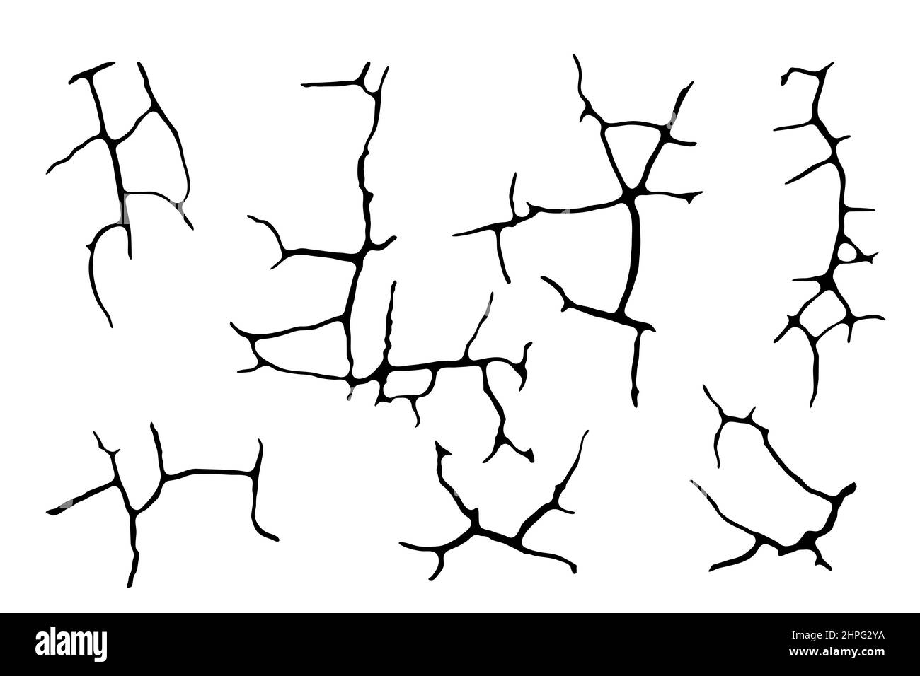 Crepe nel pavimento, muro di calcestruzzo rotto o terra. Distruzione di cemento da terremoto. Foro del vettore isolato. Linea di collisione in vetro, schermo, ghiaccio. Bui danneggiato Illustrazione Vettoriale