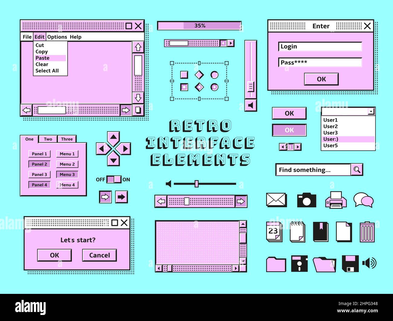 Elementi di interfaccia retrò. 90s barre di pc vintage, messaggio in vecchio stile di computer. Tecnologia, musica di calcolo e console desktop per giochi, set vettoriale ordinato Illustrazione Vettoriale