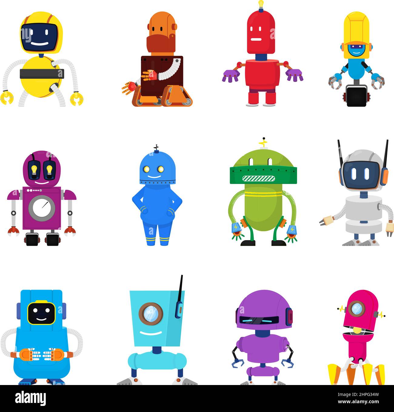 Personaggi robot Cartoon. Robot energetici, robotica scientifica per bambini. Giocattoli isolati per bambini, elementi android vintage carino. Alieno amichevole, decente Illustrazione Vettoriale
