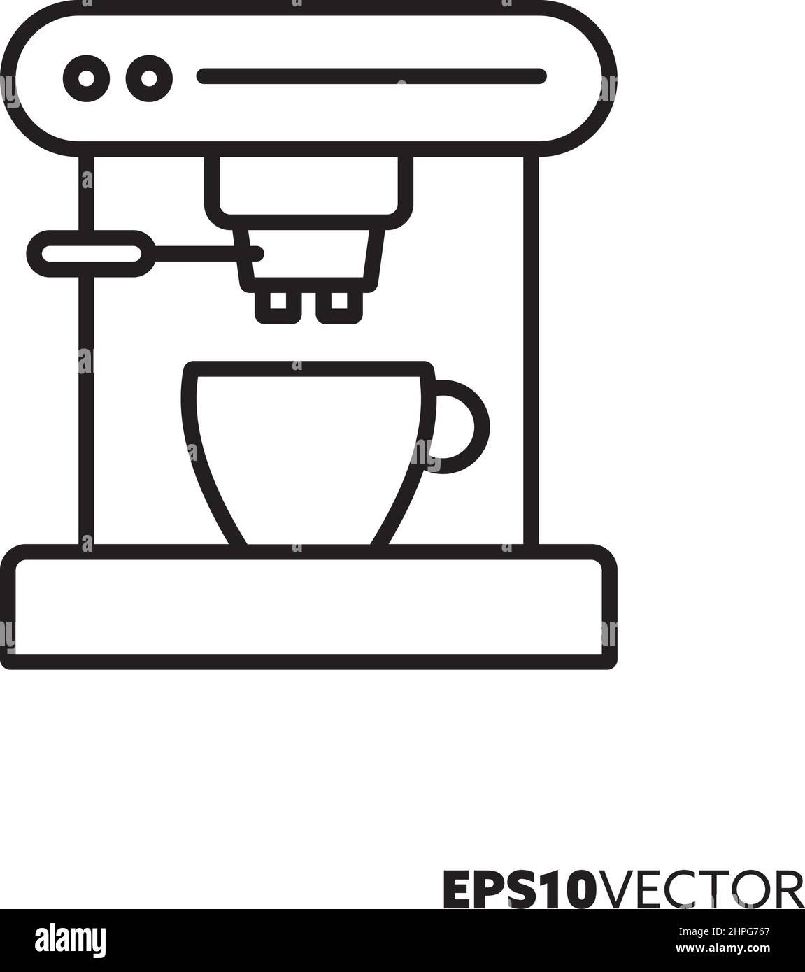 Icona della linea della macchina da caffè espresso. Simbolo di contorno delle bevande calde e dell'attrezzatura del barista. Illustrazione vettoriale piatta degli utensili da cucina. Illustrazione Vettoriale