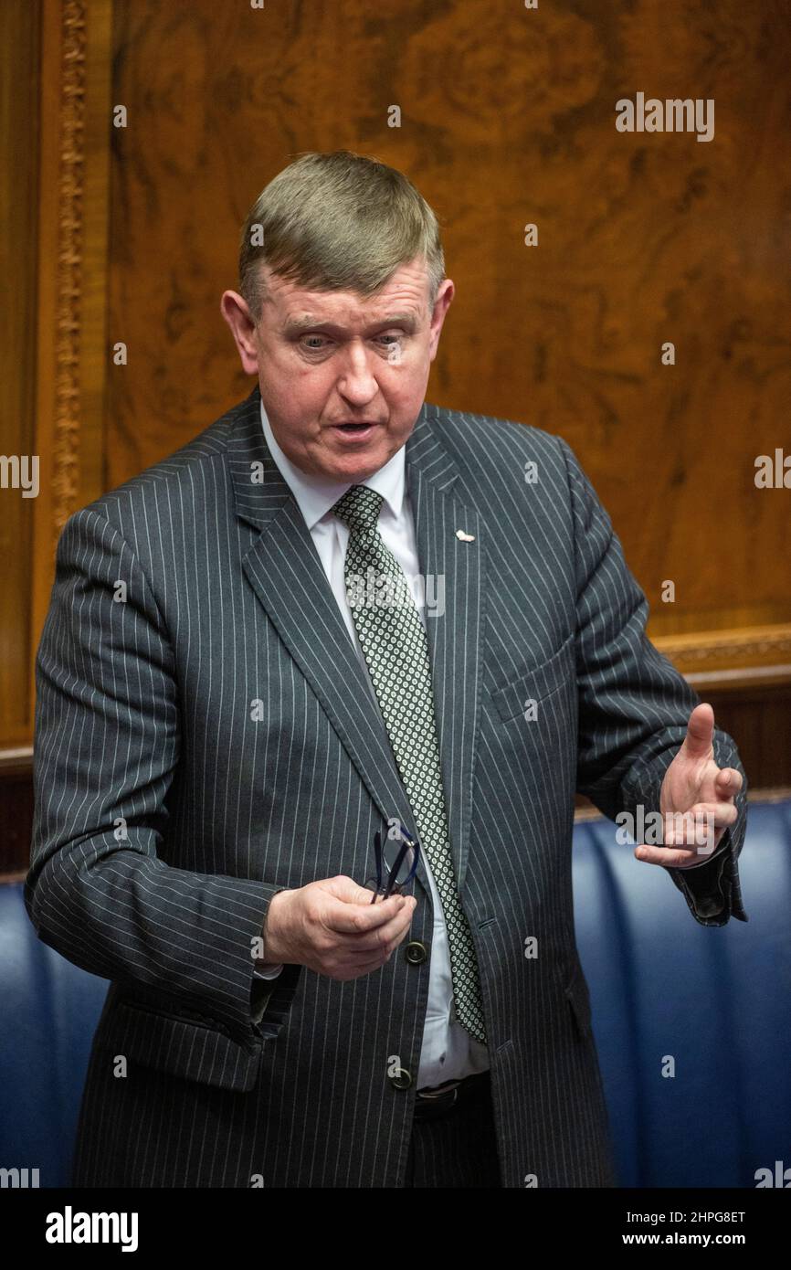 DUP MLA Mervyn Story parla nella Camera dell'Assemblea dell'Irlanda del Nord a Stormont. Sono stati pagati calorosi tributi da tutti i banchi politici di Stormont al politico del DUP Christopher Stalford a seguito della morte improvvisa del padre di quattro di 39 anni durante il fine settimana. Data foto: Lunedì 21 febbraio 2022. Foto Stock