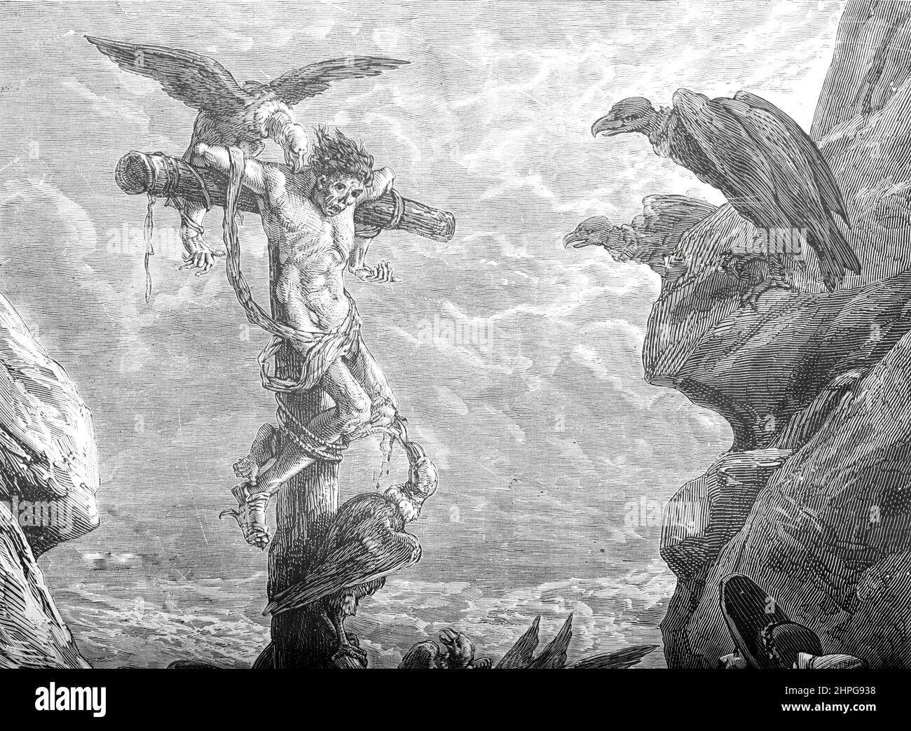 Crocifissione e avvoltoi tra gli Urubu o Ka'apor indigeni di Maranhao Brasile. Illustrazione o incisione vintage 1879). Foto Stock