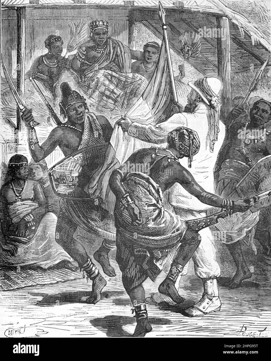 Paul Soleillet (1842-1886) esploratore francese in Senegal (1878-79) che presenta la bandiera francese ad un capo tribale durante la colonizzazione francese dell'Africa, o lo Scramble europeo per l'Africa. Annata Illustrazione o incisione 1879 (Castelli) Foto Stock