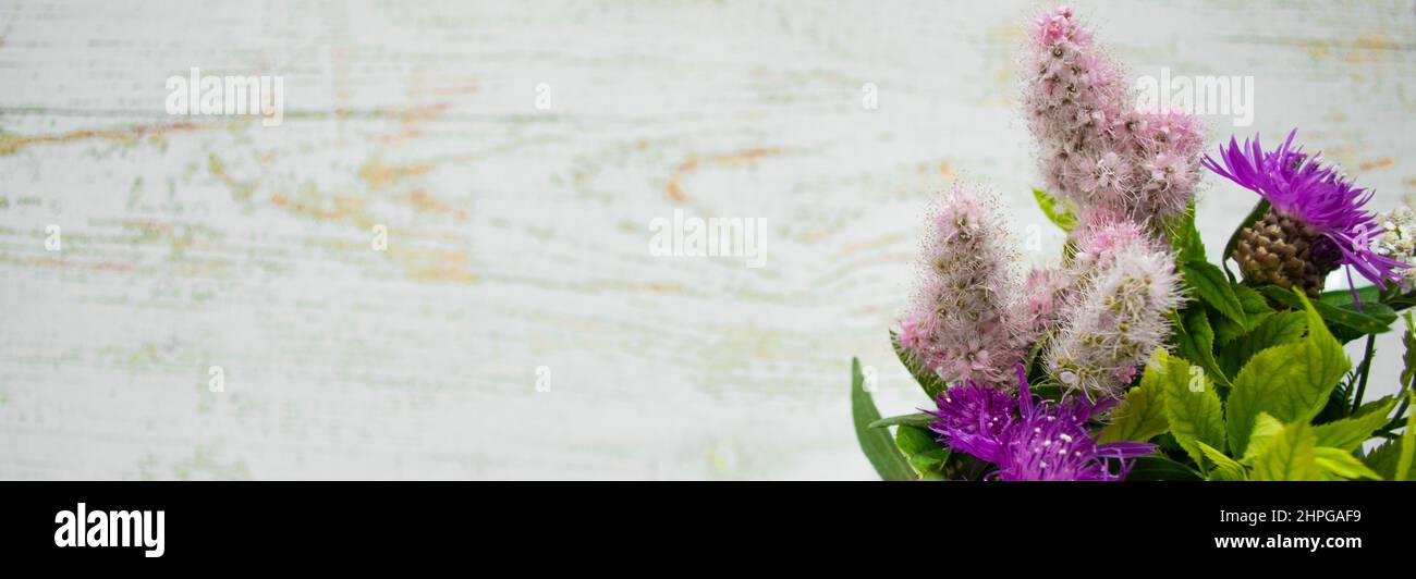 Banner con un bouquet di fiori selvatici su sfondo di legno. Stile rustico. Spazio di copia. Foto Stock