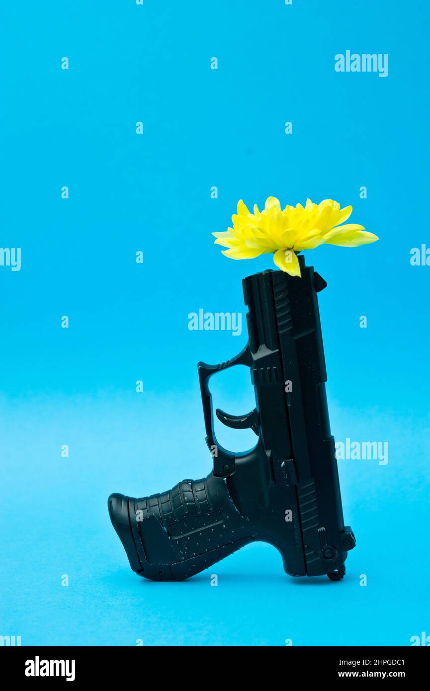 pistola con un fiore giallo in esso, stop pistola e concetto di pace Foto Stock