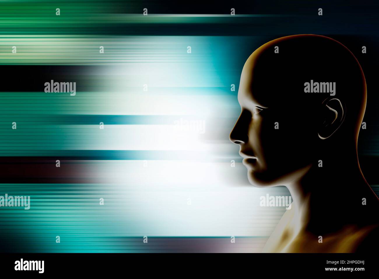 testa umanoide e sfondo futuristico, concetto di intelligenza artificiale Foto Stock