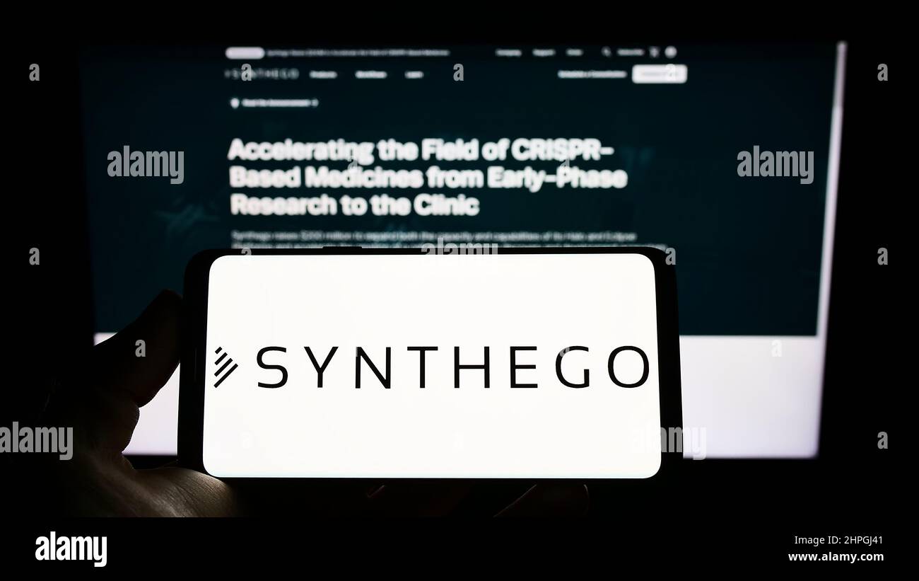 Persona che detiene il telefono cellulare con il logo della società di biotecnologia statunitense Synthego Corporation sullo schermo di fronte alla pagina web. Mettere a fuoco sul display del telefono. Foto Stock