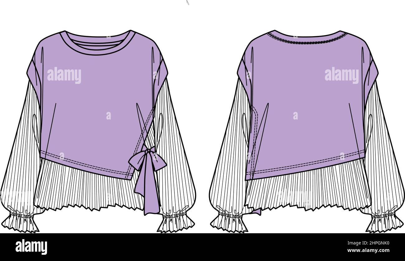 Felpa vettoriale con dettagli plisse, felpa donna disegno tecnico, moda CAD, maniche lunghe collo rotondo piatto, modello. Scappare Illustrazione Vettoriale