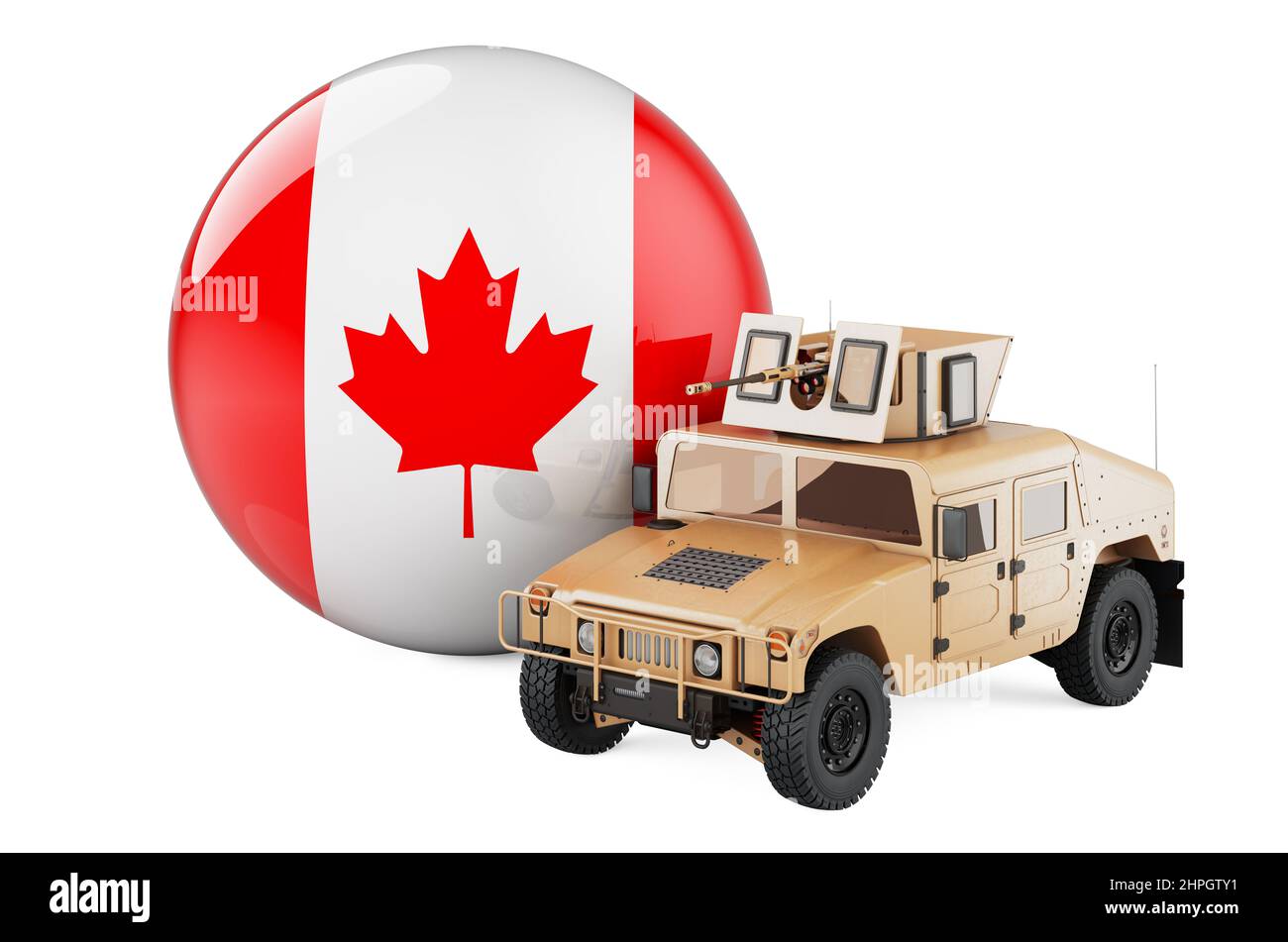 Camion militare con bandiera canadese. Combattimento difesa del Canada, concetto. 3D rendering isolato su sfondo bianco Foto Stock