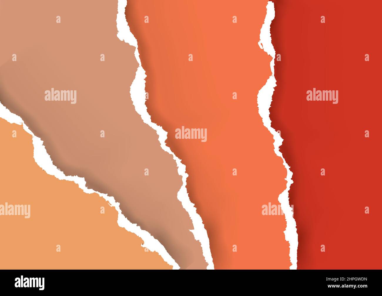 Carta strappata strisce colorate, colori caldi. Immagine dello sfondo delle strisce di carta strappate e del bordo strappato della carta. Vettore disponibile. Illustrazione Vettoriale