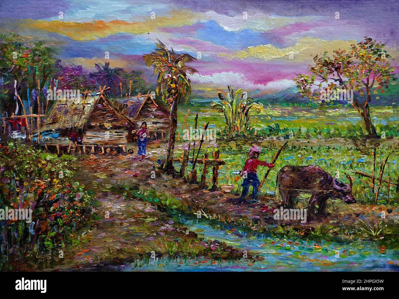 arte pittura ad olio thailandia campagna montagna nord-est, vita rurale, thailandia rurale Foto Stock