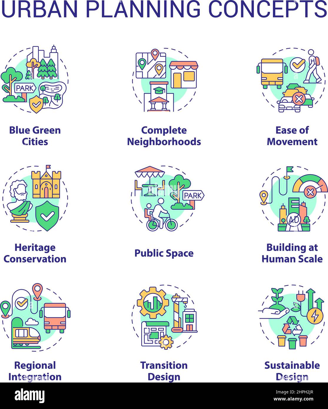 Set di icone per il concetto di pianificazione urbana Illustrazione Vettoriale