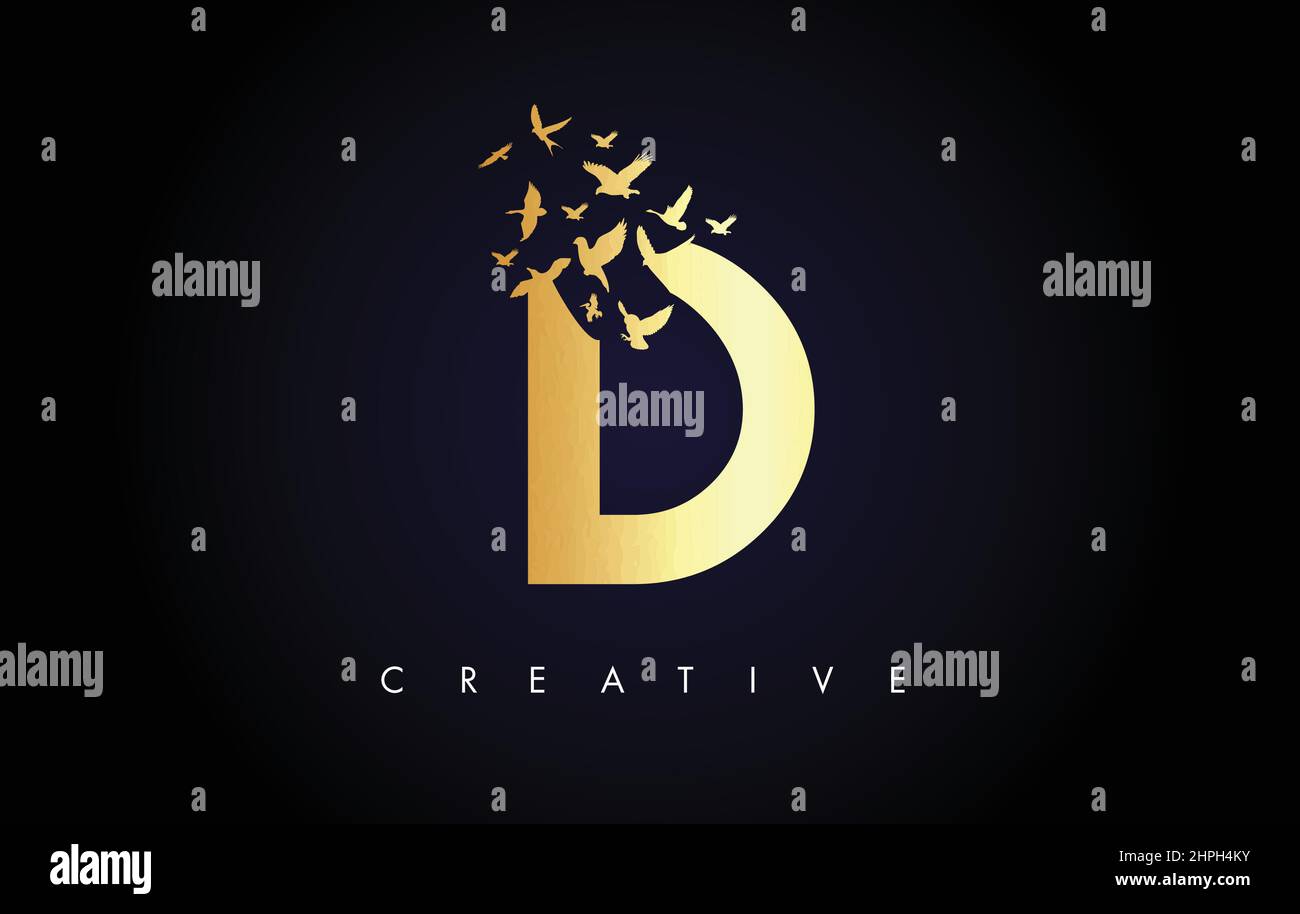 Golden D Logo lettera con Flying Flock of Birds disintegrarsi dalla lettera. D lettera di tessitura dell'oro con icona lettera di volo dell'uccello. Illustrazione Vettoriale