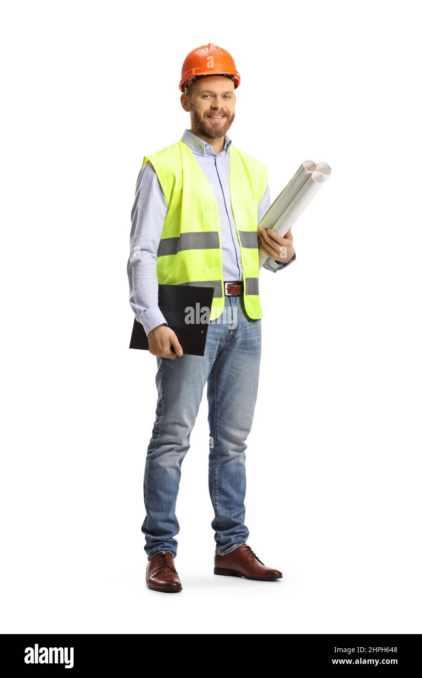 Ritratto a tutta lunghezza di un ingegnere maschile che tiene un blueprint e appunti isolati su sfondo bianco Foto Stock